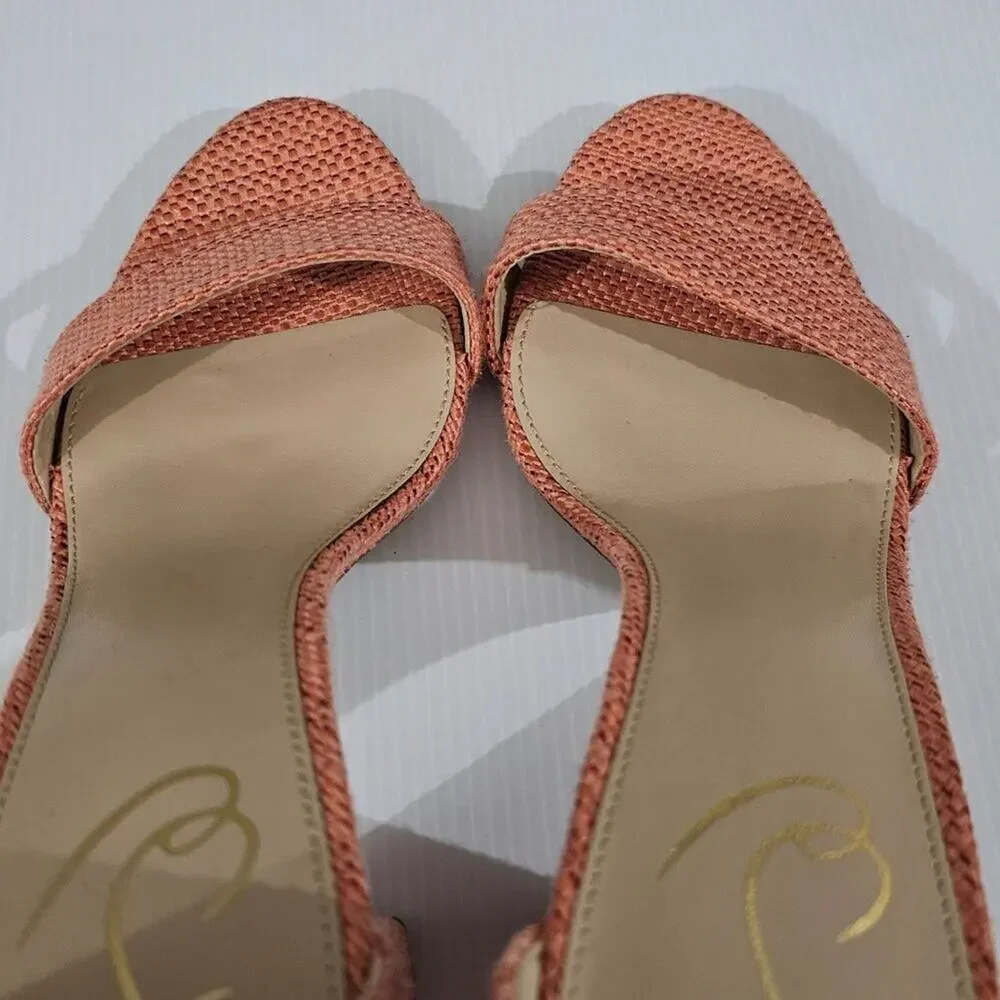 Sam Edelman Yaro Block Heel Sandal Womens 10.5 Pink Coral Woven Ankle Strap